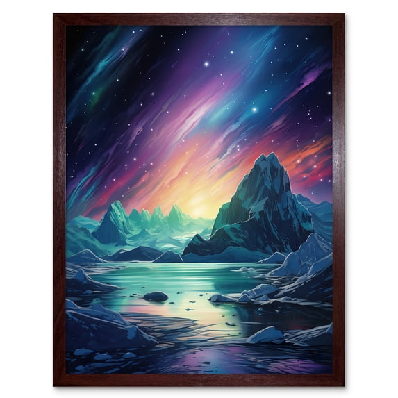 Purple Aurora Borealis Dawn in Antarctica Oil Painting Blue Green Enchanting Arctic Ice Fantasy Landscape Art Print Framed Poster Wall Decor 12x16 inch