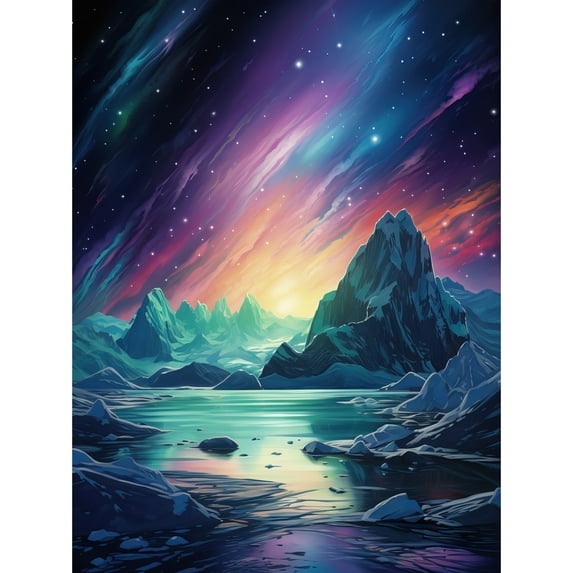 Purple Aurora Borealis Dawn in Antarctica Oil Painting Blue Green Enchanting Arctic Ice Fantasy Landscape Unframed Wall Art Print Poster Home Decor Premium