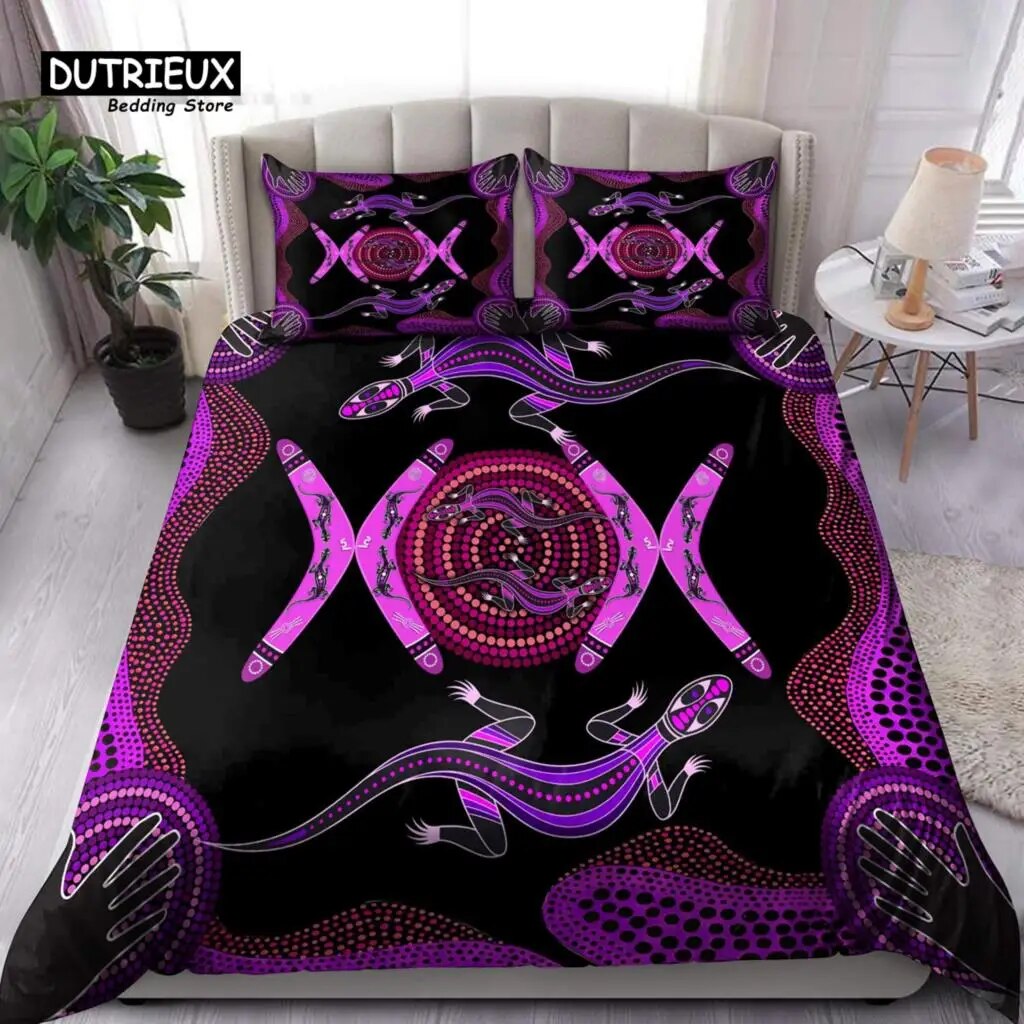 Purple Australian Bedding Set Geometric Pattern Duvet Cover Microfiber