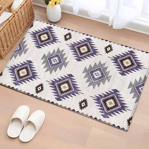 Purple Aztec Bathroom Rug Washable 2x3 Entryway Rug Non Slip Southwest Boho Abstract Gray Geometric Front Door Mat Low Pile Indoor Doormat Throw Floor Carpet for Kitchen Bedroom Entrance