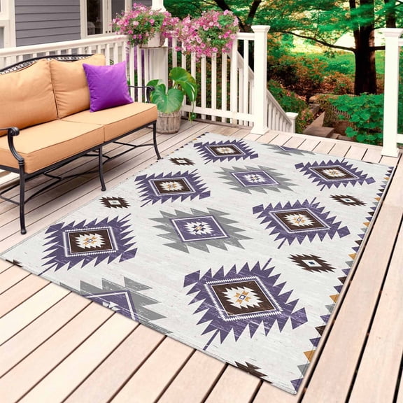 Purple Aztec Outdoor Rug 3x5 Ft, Non Slip Washable Area Rug, Southwest Boho Abstract Gray Geometric Patio Rugs Carpet Runner, Large Floor Mat for Indoor/Outdoor Deck Porch Camping