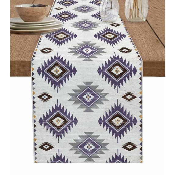 Purple Aztec Table Runner 60 Inches, Southwest Boho Abstract Gray Geometric Bed Runner Dresser Scarves Tabletop for Indoor Outdoor Parties/Ceremony/Banquet, 13" x 60"