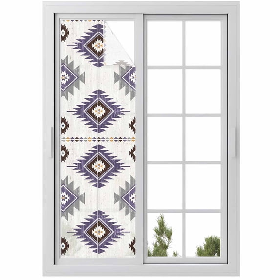 Purple Aztec Window Privacy Film, Southwest Boho Abstract Gray Geometric Static Cling UV Sun Blocking Heat Control Window Tint Day and Night, Non-Adhesive One Way Windows Privacy Cover 17.7''x78.7''