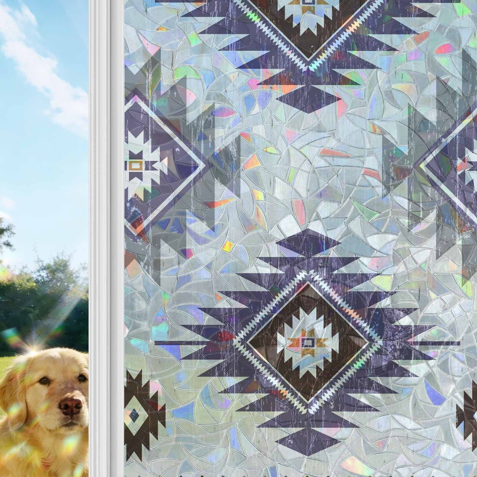 Purple Aztec Window Privacy Film Stain Glass,Reusable Decorative Rainbow Window Film,Southwest Boho Abstract Gray Geometric Static Cling Sun Blocking Stickers Decals Covers 35.4" x 78.7" (3pcs)