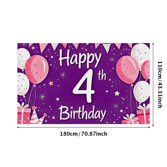 Purple Backdrop with Balloons Hearts Stars Happy 4th Birthday Banner Party Supplies Photography Props Birthday Decoration Photo Background Party Decor