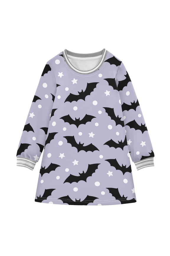 Purple Background Bat Pattern Girls'long-sleeved dress Thickened A-dress Warm Dress Basic Shirt Party Dresses