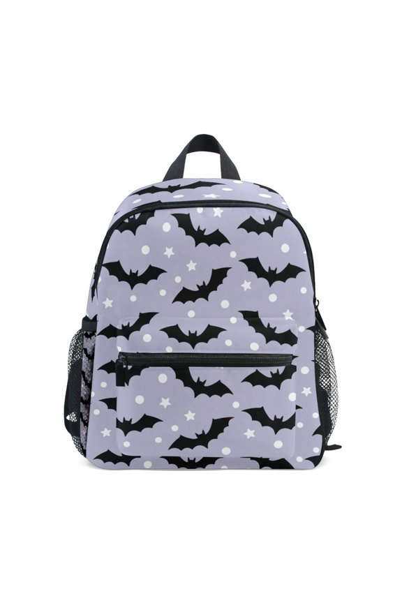 Purple Background Bat Pattern Mini Backpack Cute Small Backpack with Chest Strap and Whistle Ages 3-8