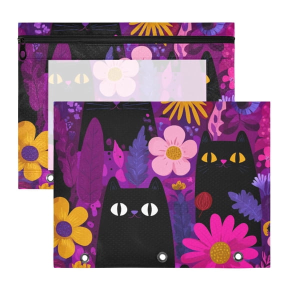 Purple Background Black Cute Cats 3-Ring Binder Pouches A4 Size Zipper Pocket File Storage 2 Packs