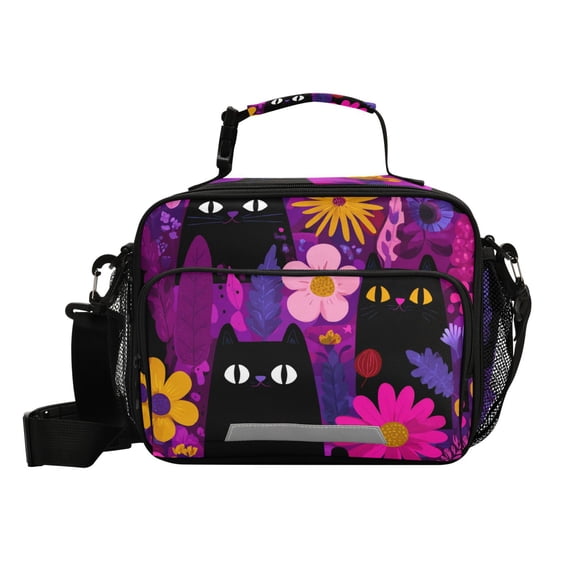 Purple Background Black Cute Cats Insulated Lunch Bag Portable Cooler Bag Mommy Bag Large Capacity 6L