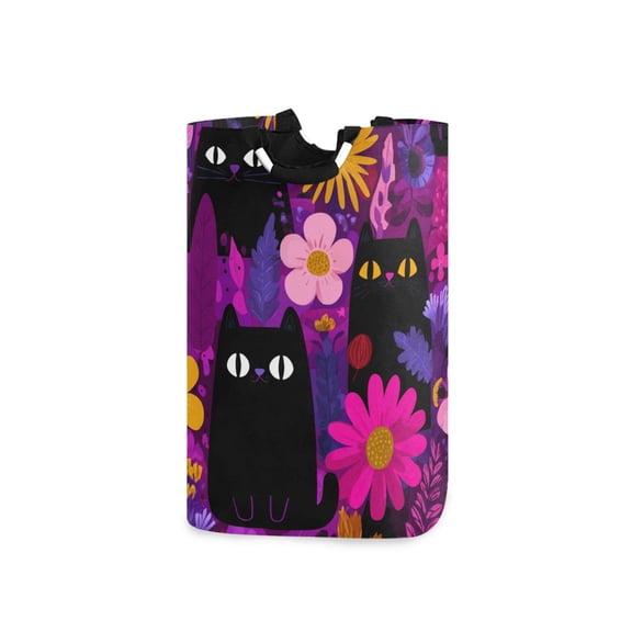 Purple Background Black Cute Cats Laundry Basket with Handles Foldable Laundry Hamper Freestanding Washing Bin 50L