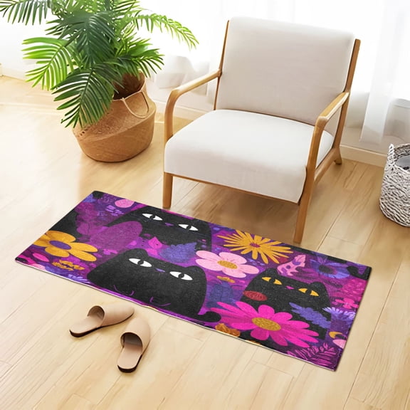 Purple Background Black Cute Cats Plush Carpet Non Slip Runner Rug Absorbent Bath Mat 39" x 20"