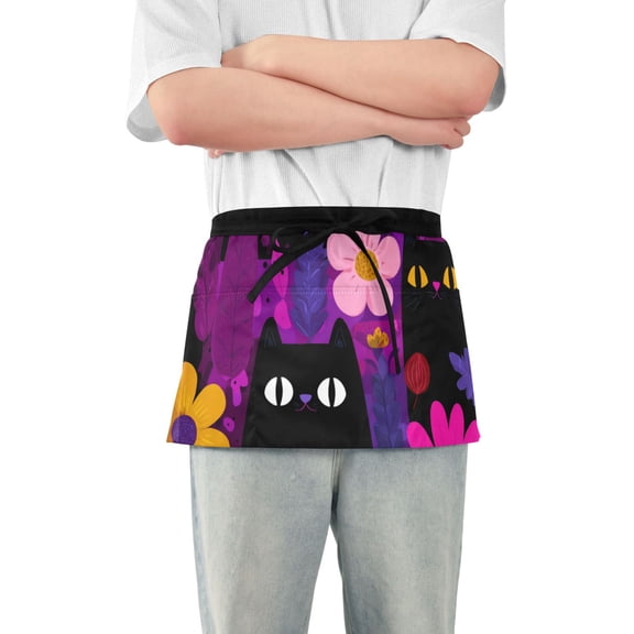 Purple Background Black Cute Cats Short Server Apron with 3 Pockets for Unisex Chef Gardening