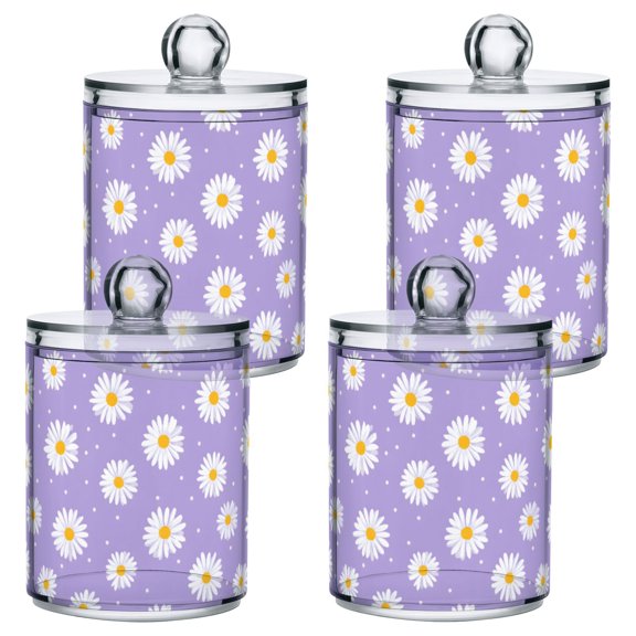 Purple Background Daisy Plastic Storage Jar 4 Pack Clear Translucent Canisters Dustproof Lid