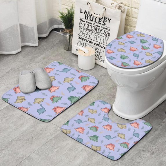 Purple Background Dinosaur Pattern Bathroom Rugs Sets 3 Piece,Toilet Cover Set,Absorbent Non Slip Bathroom Mats Sets with U-Shaped Contour Rug Toilet Rug Set