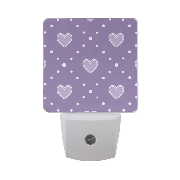 Purple Background Polka Dots Hearts Valentine LED Night Light Sensor Lamp Plug-in Adjustable Brightness 2 Pack