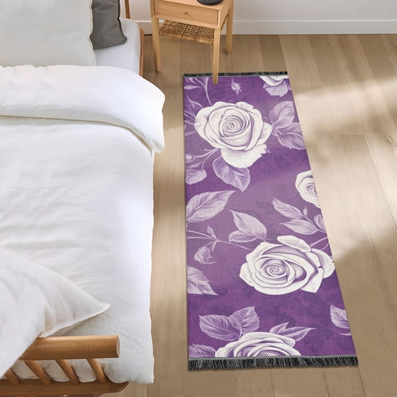 Purple Background Roses Retro Style Bedside Runner Rug 2'x 6' Non Slip Carpet Floor Mat Area Rug