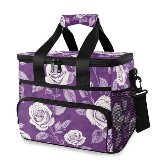Purple Background Roses Retro Style Portable Cooler Lunch Box Reusable Insulated Lunch Bag Leakproof 15L