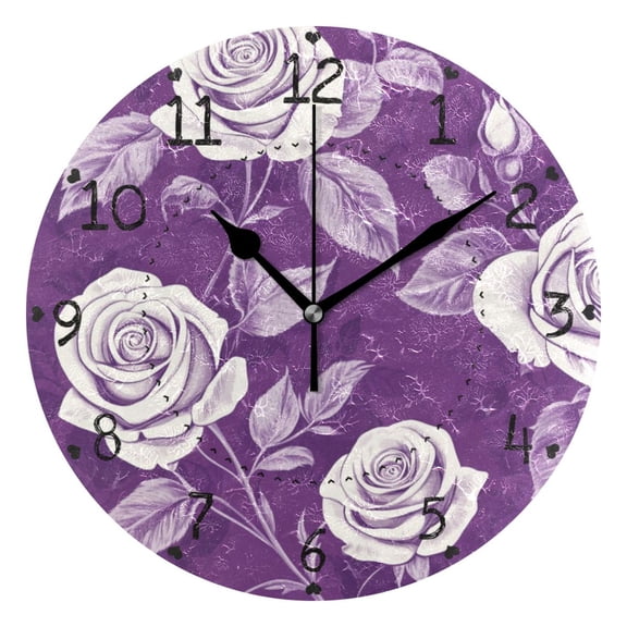 Purple Background Roses Retro Style Round Wall Clock Silent Analog Battery Operated Black Pointer Home Decor 9.84" Diameter