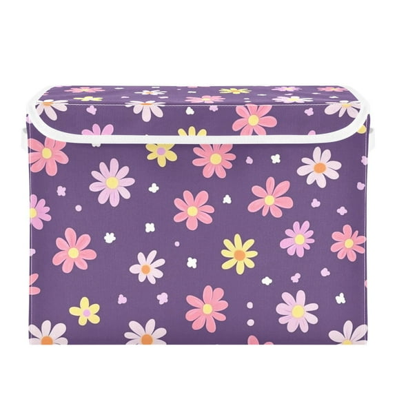 Purple Background with Colorful Daisies Flowers Foldable Storage Bin with Lid and Handle Collapsible Storage Box 16.5 x 12.6 x 11.8 inches