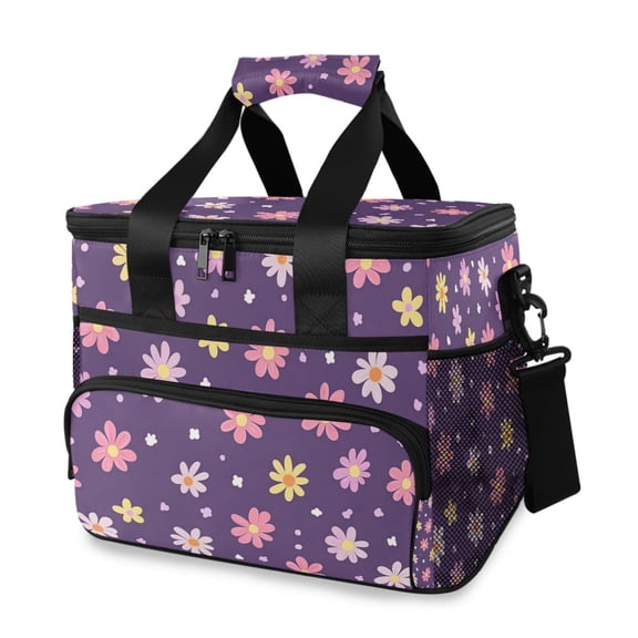 Purple Background with Colorful Daisies Flowers Portable Cooler Lunch Box Reusable Insulated Lunch Bag Leakproof 15L
