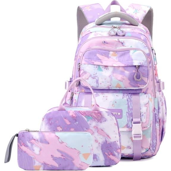 Purple Backpack with Lunch Box Elementary Middle High School Backpacks Students Bookbag Set School Bags