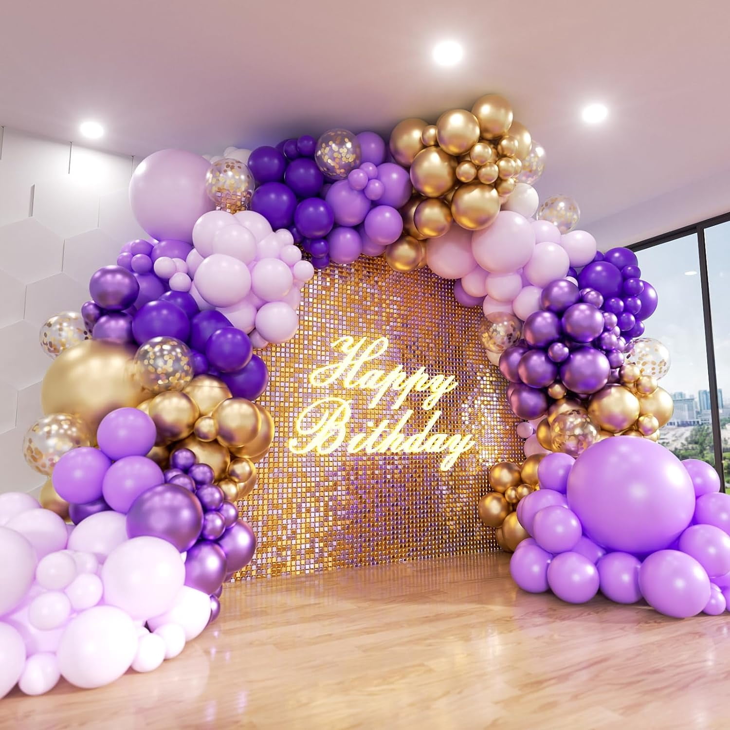 Purple Balloon Arch Kit,  153Pcs Different Sizes inch Lavender Metallic Purple and Gold Balloons and Confetti Party Balloon Garland Kit for Women Birthday Baby Shower Wedding Party Decorations