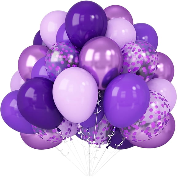 Purple Balloon Set - 50pcs 12inch Metallic and Pastel Latex Helium Balloons With Confetti - Dark, Lavender, Lilac - Birthday Party, Bride Shower, Wedding Decorations