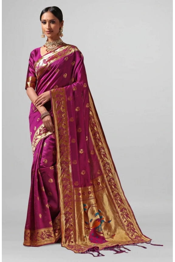 Purple Banarasi Silk Saree | Saree With Unstitched Blouse | Bollywood Saree | Traditional Saree | Party Wear Saree | Wedding Saree
