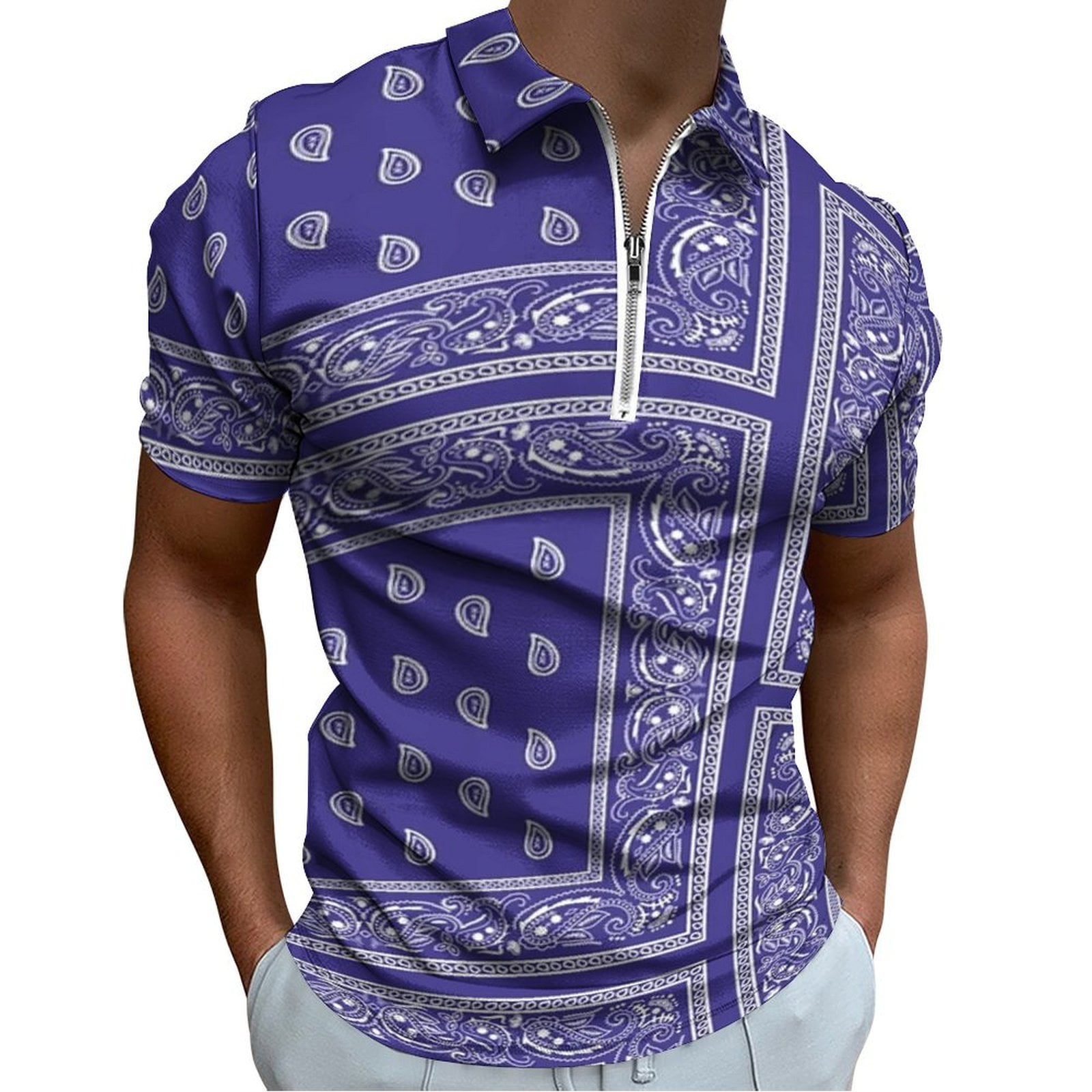 Purple Bandana Men Zipper T-shirt Summer Casual Short Sleeve