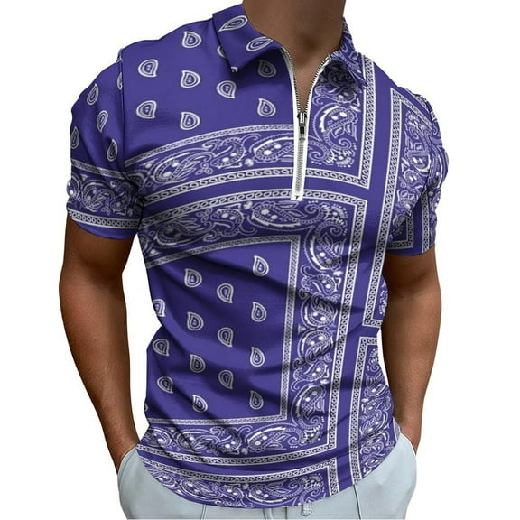 Purple Bandana Men Zipper T-shirt Summer Casual Short Sleeve T-shirt Top