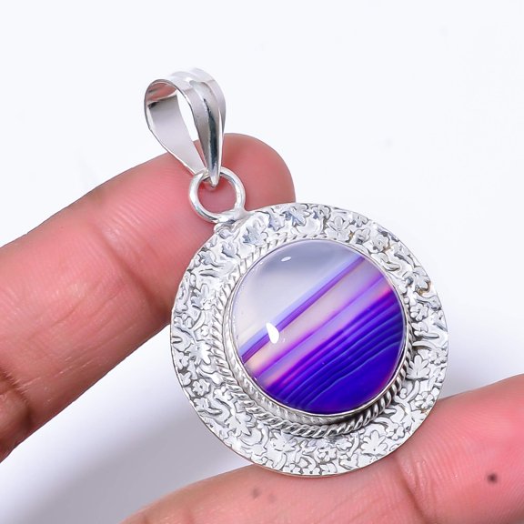 Purple Banded Agate - Botswana Handmade 925 Sterling Silver Pendant 1.95" P95