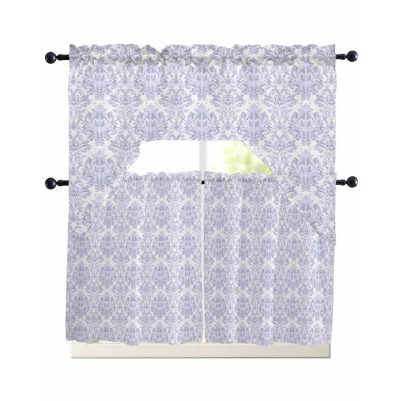 Purple Baroque Kitchen Curtains Sets 24 Inch Length with Valance, Chic Luxury Medallion Printed Flowe Swag Valances and Tiers Curtain Set Drapes Swag Curtains for Living Room, Bathroom, Bedroom, Cafe