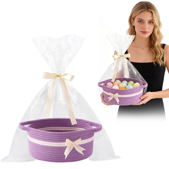 Purple Basket,Small Storage Basket for Gifts Empty Woven Rope Baskets with Bow Easter Basket for Easter Eggs 12"x 8"x 5" Gift Basket for Toys Cosmetics Snacks Home Decor