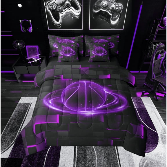 Purple Basketball 7 Pieces Twin Comforter Set,Ball Sport Bed in a Bag Comforter & Sheet Set All Season,Geometry Bedding Sets with Comforter, Sheets, Pillowcases & Shams