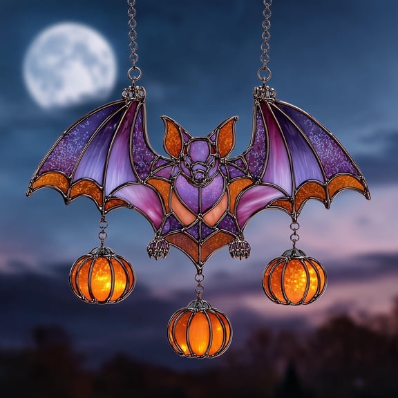 Purple Bat Faux Wavy Acrylic, Wavy Acrylic Halloween Suncatcher, Flying Bat With Pumpkins, Fantasy Gothic Window Hanging, Spooky Fall Gift Idea