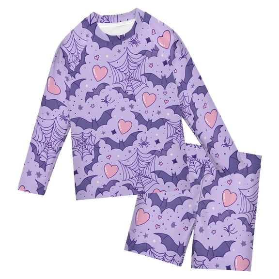 Purple Bat Heart Pattern Boys' Bathing Suit UPF 50+ Boys' Rash Guard Sets Stretchy Quick Dry 3T-10T