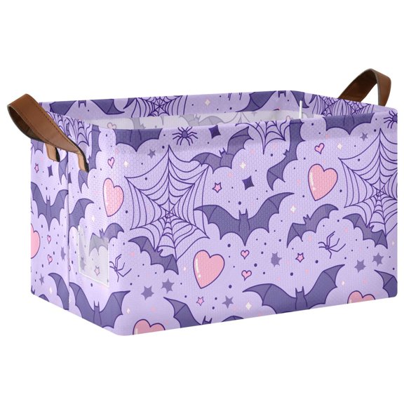 Purple Bat Heart Pattern Collapsible Storage Bin Open Home Shelf Basket Water-Resistant Iron Frame Large