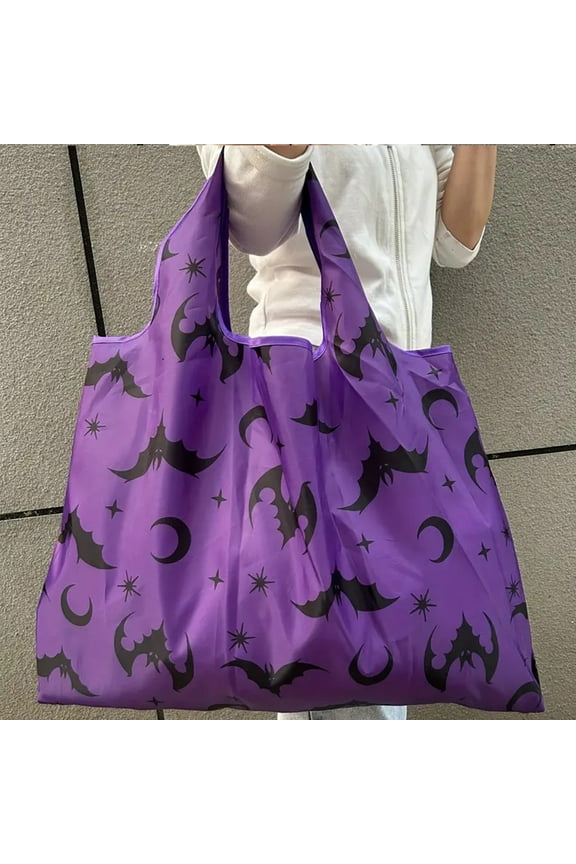 Purple Bat Print Tote Bag – Lightweight Foldable Halloween Shopping Handbag with Large Capacity