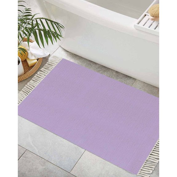Purple Bath Rug 2x3ft Woven Bathroom Entryway Runner Rug, Modern Pure Lavender Purple Washable Living Room Hallway Bedroom Kitchen Carpet with Tassels, Non-Shedding Indoor Outdoor Throw Doormat