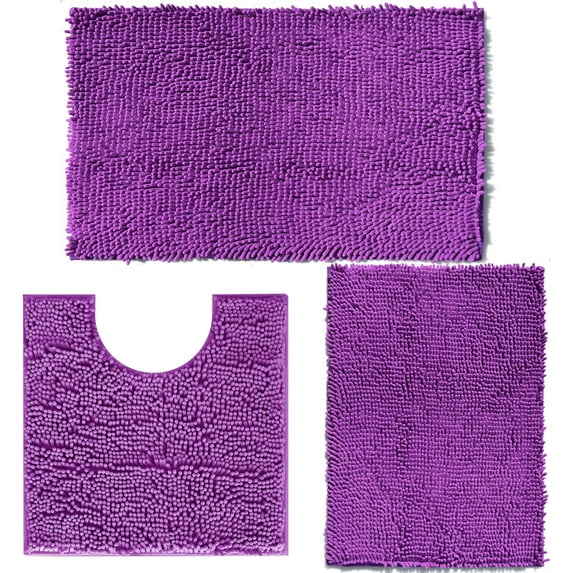 Purple Bathroom Rugs Sets 3 Piece Non Slip Extra Absorbent Shaggy Chenille Bathroom Rugs and Mats Sets, Soft & Dry Bath Rug/Mat Set for Bathoom Mats