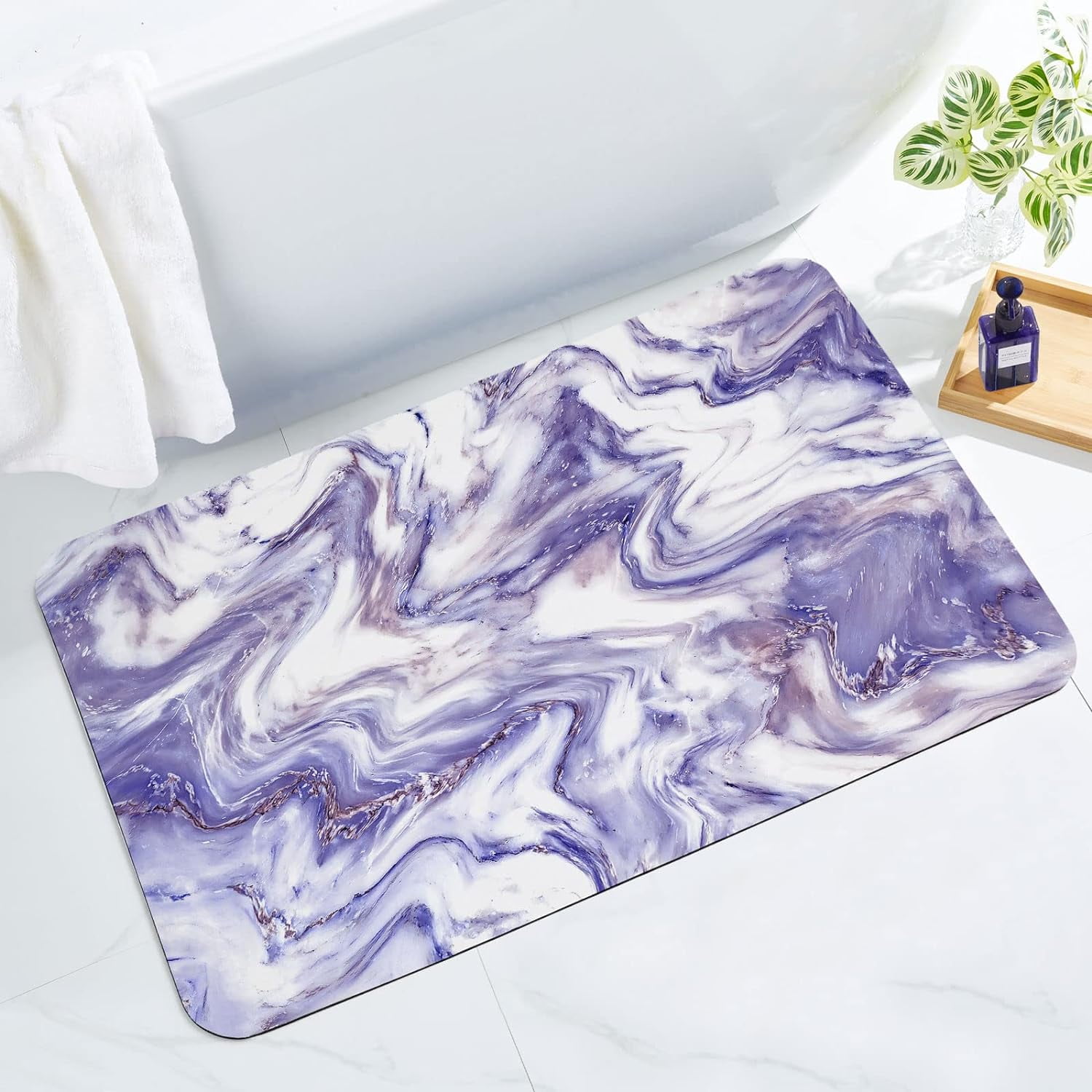 Purple Bathroom Runner Rug Mat, Abstract Marble Bath Mats for Bathroom