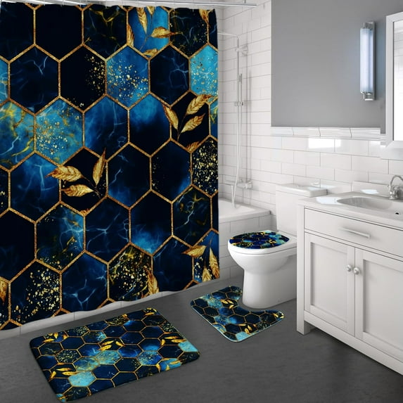 Purple Bathroom Sets with Shower Curtain and Rugs and Accessories, Purple Shower Curtains for Bathroom Accessories Decor, Modern Abstract Marble Shower Curtain Sets with Rugs, Gold