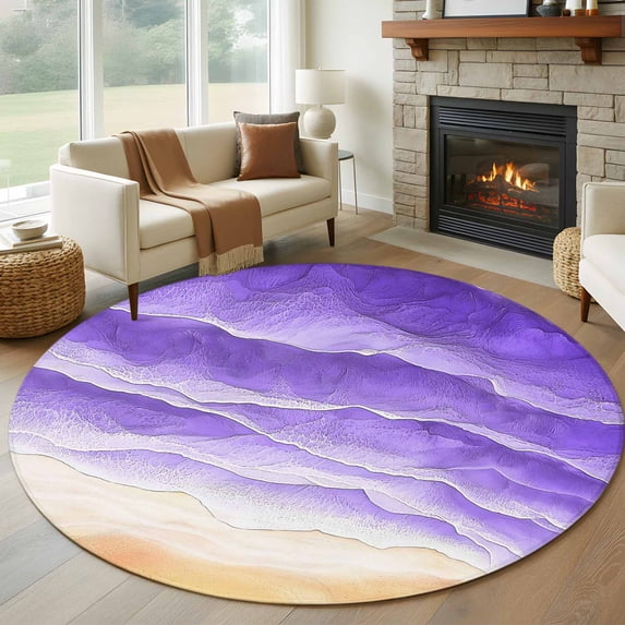 Purple Beach Coastal Round Area Rug 7Ft Washable Circle Rugs for Dorm Laundry Room, Summer Nautical Seaside Ocean Ombre Non-Slip Carpet Floor Mats Indoor Outdoor Carpet Runner Aesthetic Home Decor