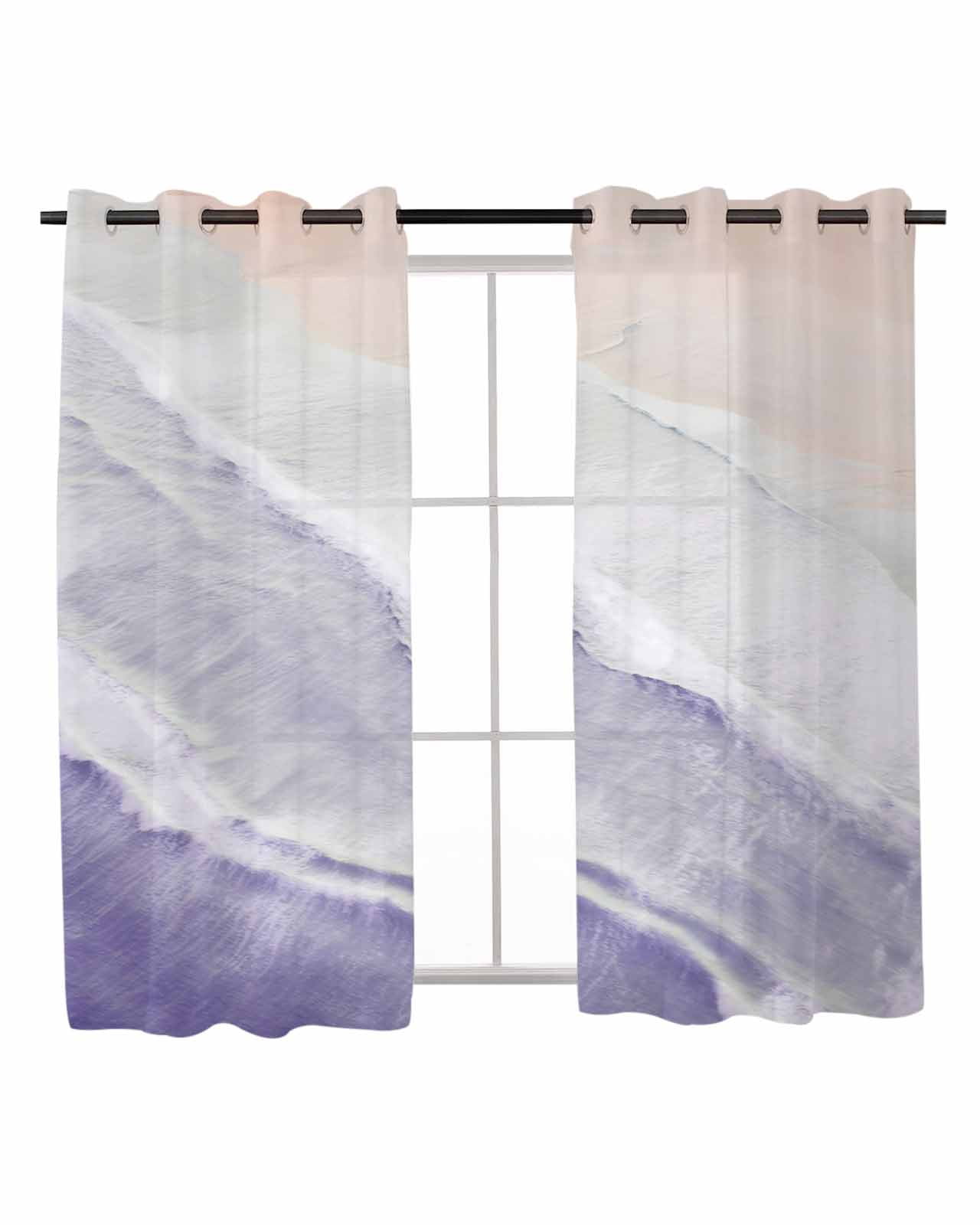 Purple Beach Sheer Curtains 45 Inch Length 2 Panels Coastal Waves Ombre ...