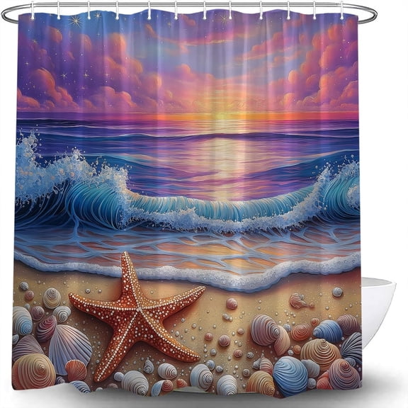 Purple Beach Wave Shower Curtain Ocean Sunset Hawaiian Tropical Coastal Seashell Seafoam Sunrise Seaside Landscape Nature Fabric Bathroom Curtain with Hook-36"W x 72"L (Pack of 1)