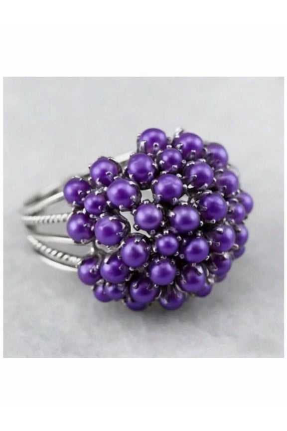 Purple Beaded Floral Cluster Ring With Silvertone Adjustable Band, Bohemian Statement Jewelry For Women