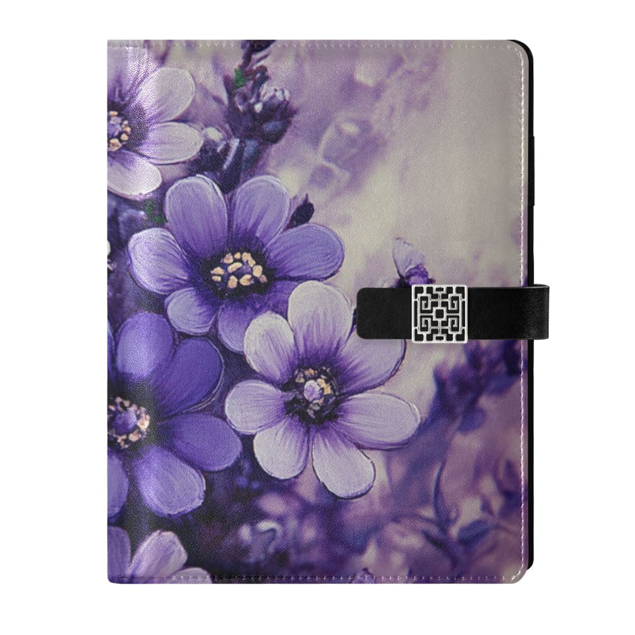 Purple Beautiful Flowers Leather Journal Notebook for Men Women A5 Hardcover Notebook with Pockets for Work Business Travel