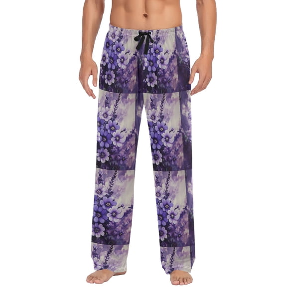 Purple Beautiful Flowers Mens Pajama Pant Sleep and Lounge Bottons with Pockets