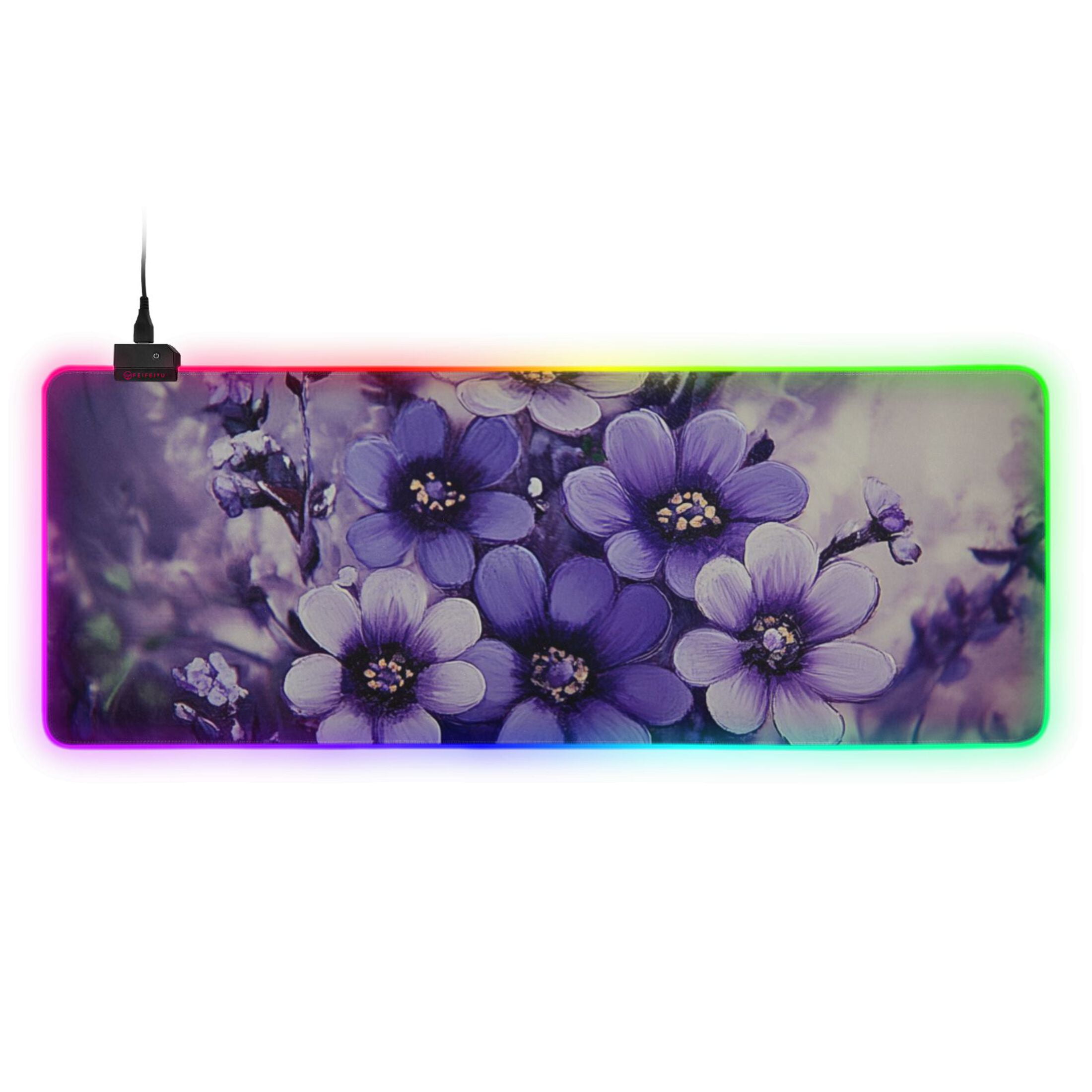 Purple Beautiful Flowers RGB Gaming Mouse Pad Large Keyboard Mat Rubber Base 13 Light Modes