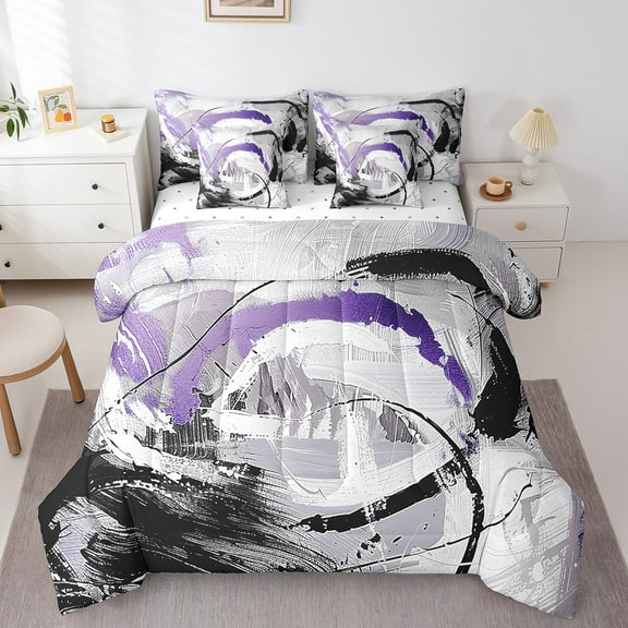 Purple Bed in a Bag Queen Comforter Set 7 Piece,Gradient Black White Grey Abstract Ombre Bedding Sets,Brush Oil Painting Contemporary Sheet Set with Comforter Vintage Graffiti Art Room Decor